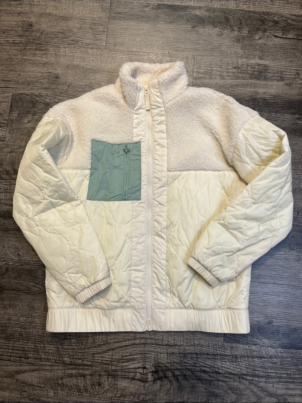 Cozy Cream Quilted & Sherpa Jacket with Sage Chest Pocket